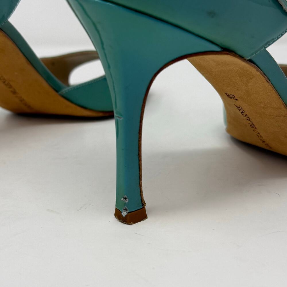 Manolo Blahnik Turquoise Blue Patent Leather Peep Toe Mary Jane Heeled Sandal 38 - Picture 5 of 10